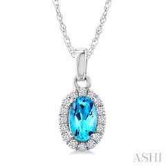 5x3 MM Oval Shape Blue Topaz and 1/20 Ctw Round Cut Diamond Halo Semi-Precious Pendant with Chain in 10K White Gold