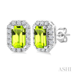 5x3 MM Octagonal Shape Peridot and 1/8 Ctw Round Cut Diamond Halo Semi-Precious Stud Earrings in 10K White Gold