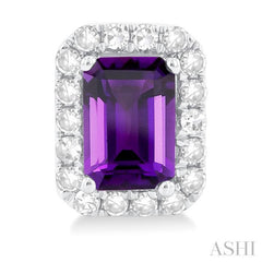 6x4 MM Octagonal Shape Amethyst and 1/4 Ctw Round Cut Diamond Halo Semi-Precious Stud Earrings in 14K White Gold