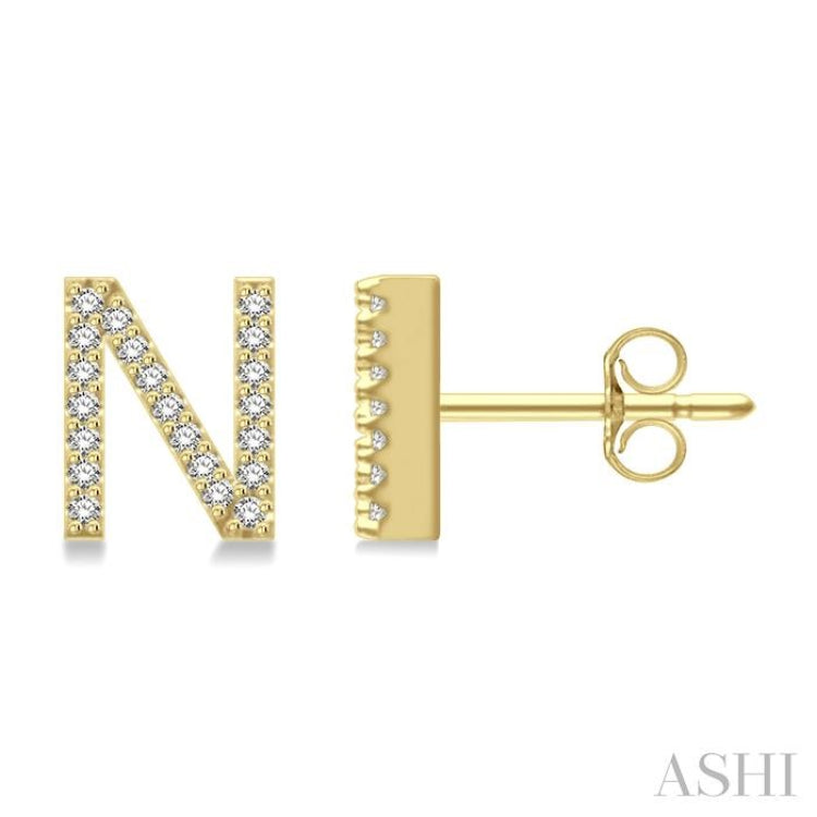 1/8 Ctw Initial 'N' Round Cut Diamond Earrings in 10K Yellow Gold