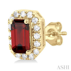 5x3 MM Octagonal Shape Garnet and 1/8 Ctw Single Cut Diamond Halo Semi-Precious Stud Earrings in 14K Yellow Gold