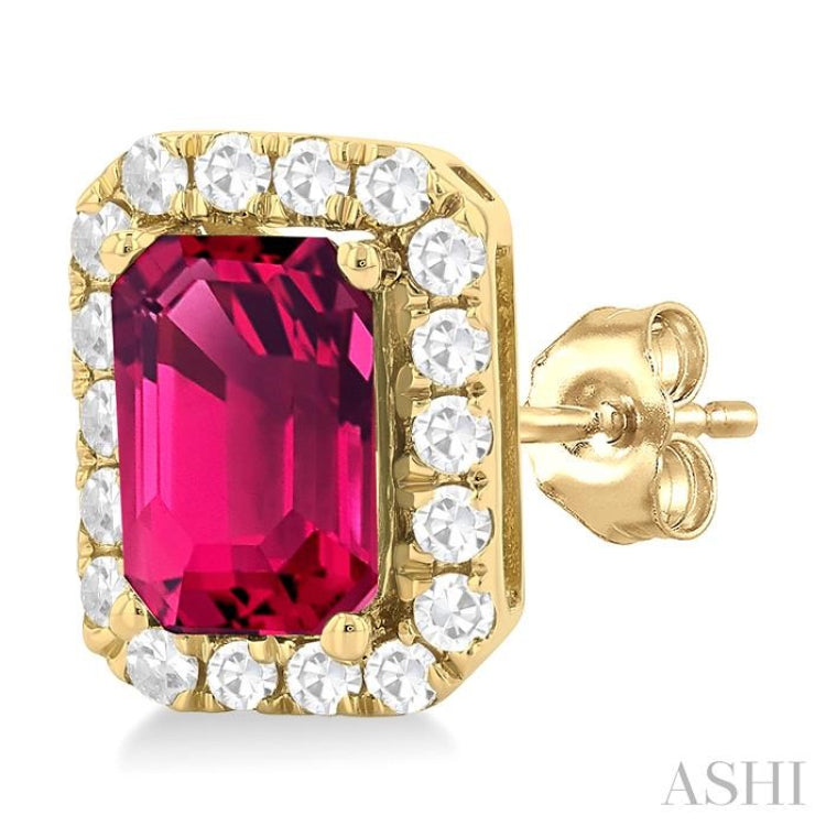 6x4 MM Octagonal Shape Pink Tourmaline and 1/4 Ctw Round Cut Diamond Halo Semi-Precious Stud Earrings in 14K Yellow Gold