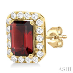 6x4 MM Octagonal Shape Garnet and 1/4 Ctw Round Cut Diamond Halo Semi-Precious Stud Earrings in 14K Yellow Gold