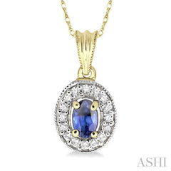 6x4 MM Oval Cut Sapphire and 1/5 Ctw Round Cut Diamond Pendant in 14K Yellow Gold with Chain