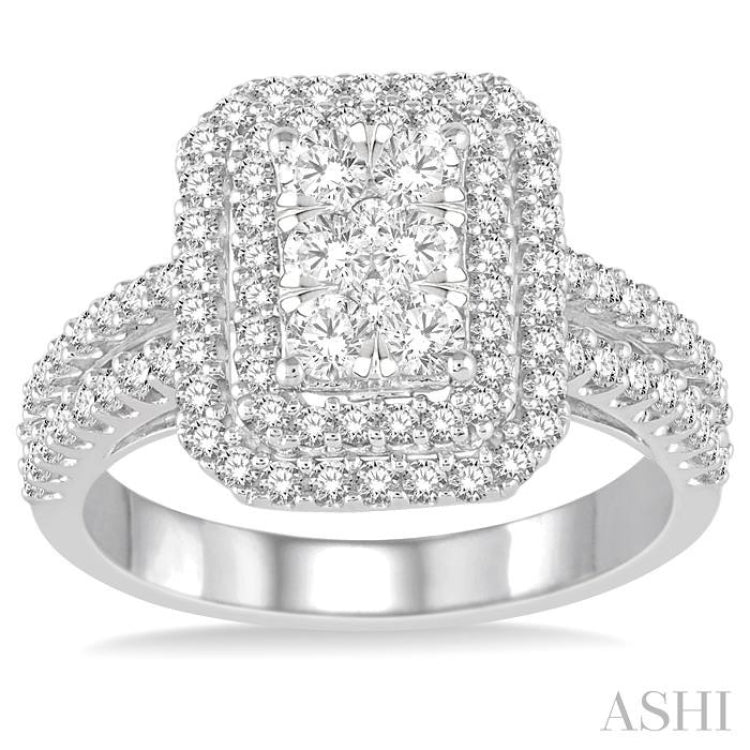 1 1/4 Ctw Round Cut Diamond Octagon Shape Lovebright Ring in 14k White Gold