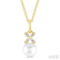 6 MM Round Shape Cultured Pearl and 1/50 Ctw Petite Floral Round Cut Diamond Fashion Pendant With Chain in 10K Yellow Gold