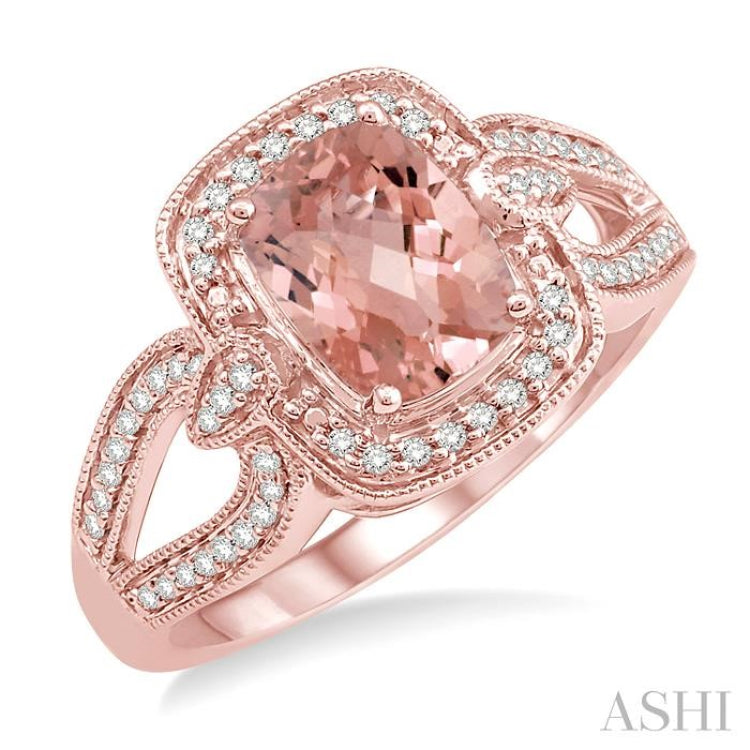 8x6 MM Cushion Shape Morganite Center and 1/5 Ctw Round Diamond Semi-Precious Ring in 14K Rose Gold