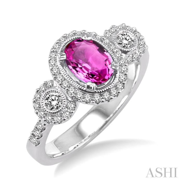 7x5 MM Oval Cut Pink Sapphire and 1/2 Ctw Round Cut Diamond Precious Ring in 14K White Gold