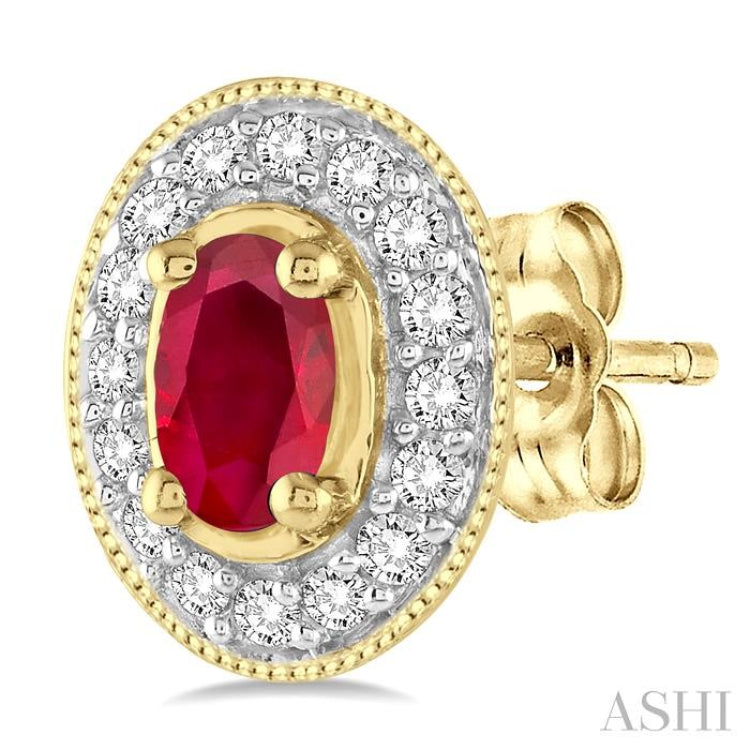 5x3 MM Oval Cut Ruby and 1/4 Ctw Round Cut Diamond Earrings in 14K Yellow Gold