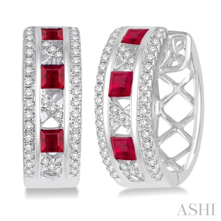 2.4x2.4 MM Princess Cut Ruby and 1/3 Ctw Round Cut Diamond Precious Earrings in 14K White Gold