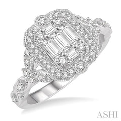5/8 Ctw Intricate lattice Baguette and Round Cut Diamond Ring in 14K White Gold