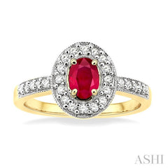 6x4 MM Oval Cut Ruby and 1/4 Ctw Round Cut Diamond Ring in 14K Yellow Gold