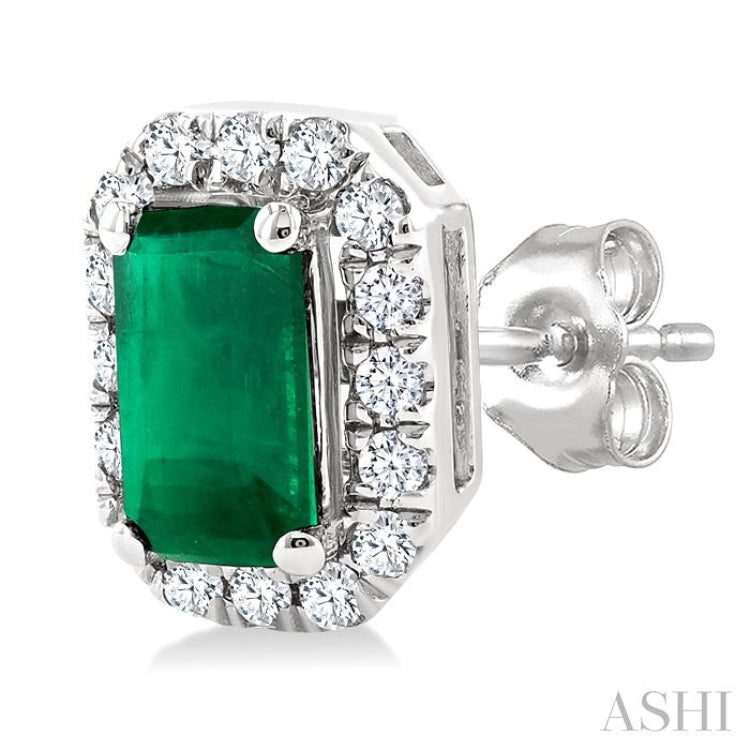 5x3 MM Octagonal Shape Emerald and 1/8 Ctw Single Cut Diamond Halo Precious Stud Earrings in 10K White Gold