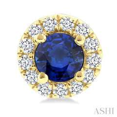 3.25 MM Round Sapphire and 1/10 Ctw Round Cut Diamond Halo Precious Stud Earrings in 10K Yellow Gold
