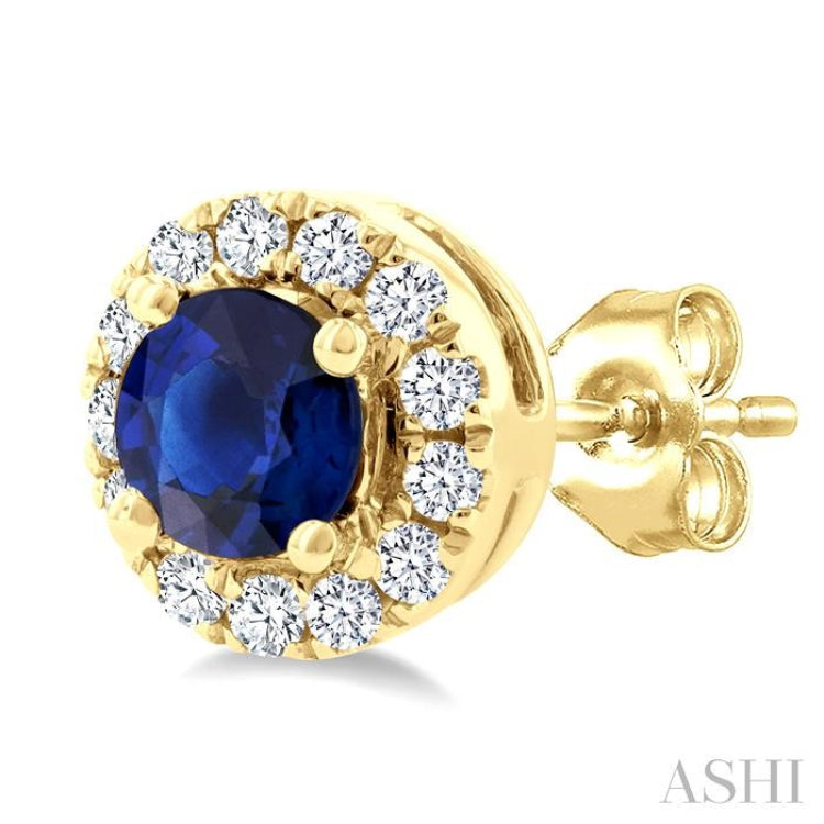 3.25 MM Round Sapphire and 1/10 Ctw Round Cut Diamond Halo Precious Stud Earrings in 14K Yellow Gold