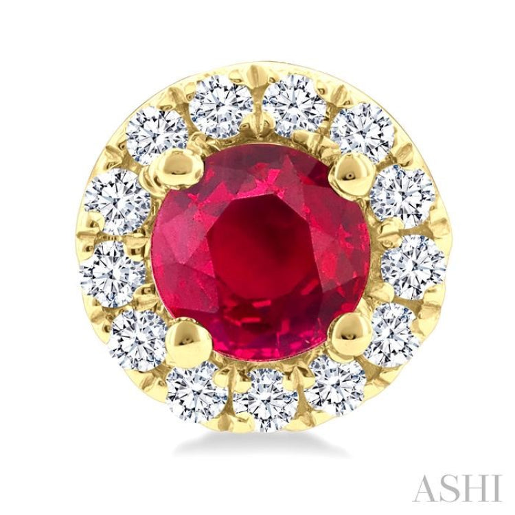 3.25 MM Round Ruby and 1/10 Ctw Round Cut Diamond Halo Precious Stud Earrings in 14K Yellow Gold