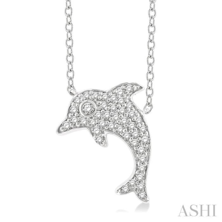 1/6 Ctw Sea Life Petite Dolphin Round Cut Diamond Fashion Pendant With Chain in 10K White Gold