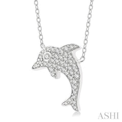 1/6 Ctw Sea Life Petite Dolphin Round Cut Diamond Fashion Pendant With Chain in 10K White Gold