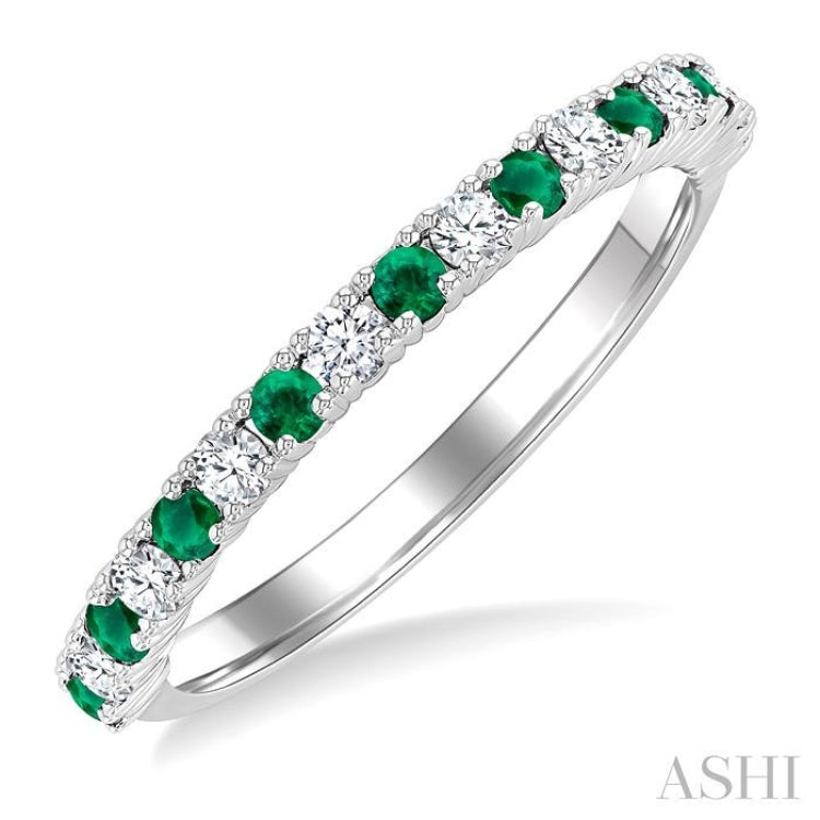 1.80 MM Round Shape Emerald and 1/4 Ctw Round Cut Diamond Precious Stack Band in 10K White Gold