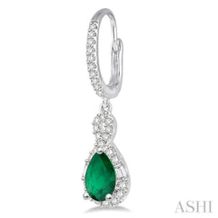 6x4 MM Pear Cut Emerald and 1/2 Ctw Round Cut Diamond Precious Earrings in 14K White Gold
