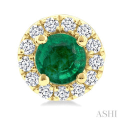 3.25 MM Round Emerald and 1/10 Ctw Round Cut Diamond Halo Precious Stud Earrings in 14K Yellow Gold