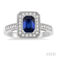 6x4 MM Emerald Shape Sapphire and 1/4 Ctw Round Cut Diamond Ring in 14K White Gold