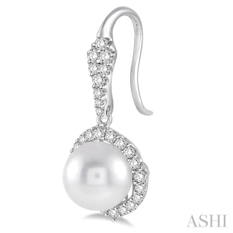 8 MM Cultured Pearls and 5/8 Ctw Round Cut Diamond Earrings in 14K White Gold