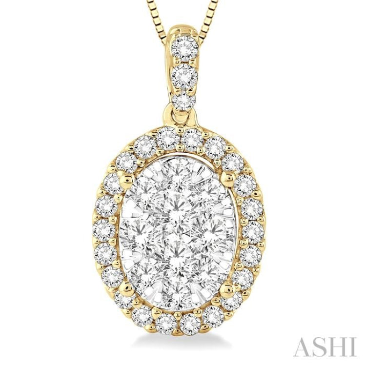 3/4 Ctw Oval Shape Diamond Lovebright Pendant in 14K Yellow and White Gold with Chain