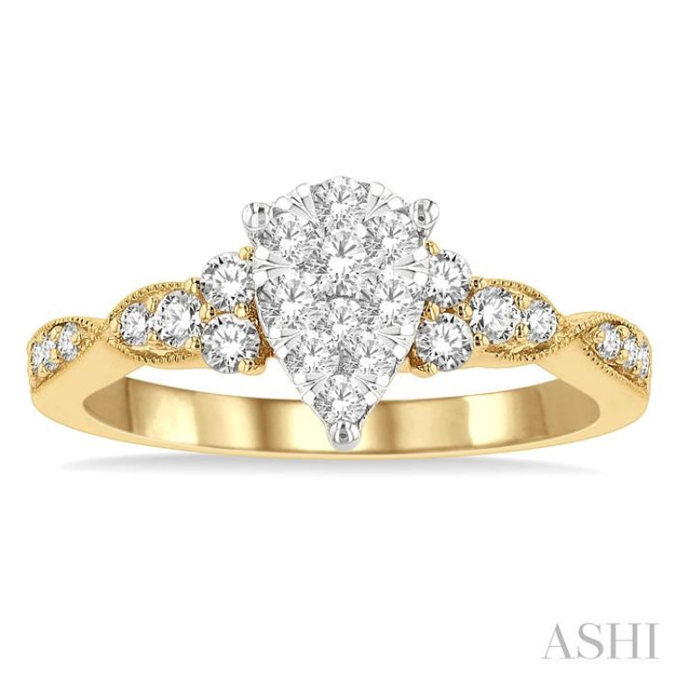 1/2 Ctw Pear Shape Center Criss Cross Carved Shank Lovebright Round Cut Diamond Engagement Ring in 14K Yellow and White gold