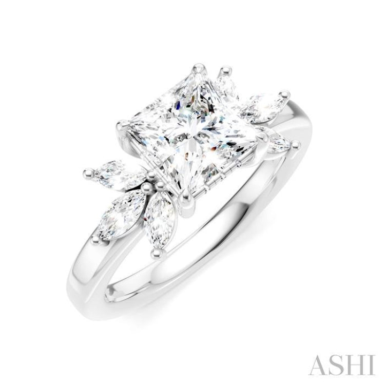 1/2 Ctw Akari Princess Shape Marquise and Round Cut Diamond Semi-Mount Engagement Ring in 14K White Gold