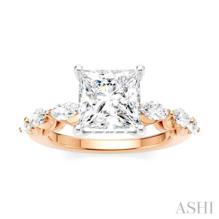 3/4 Ctw Princess Shape Marquise and Round Cut Diamond Semi-Mount Engagement Ring in 14K Rose and White Gold