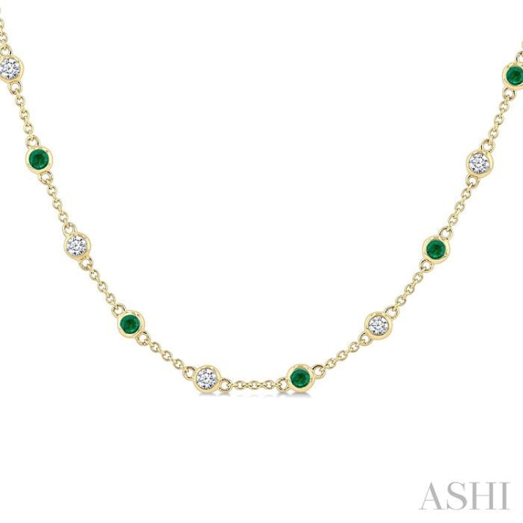 2.40 MM Round Shape Emerald and 7/8 Ctw Round Cut Diamond Precious Station Necklace in 14K Yellow Gold