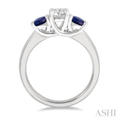 3.90 MM Round Shape Sapphire and 1/2 Ctw Past Present and Future Round Cut Diamond Precious Ring in 14K White Gold
