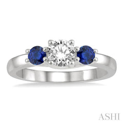 3.50 MM Round Shape Sapphire and 3/8 Ctw Past Present and Future Round Cut Diamond Precious Ring in 14K White Gold