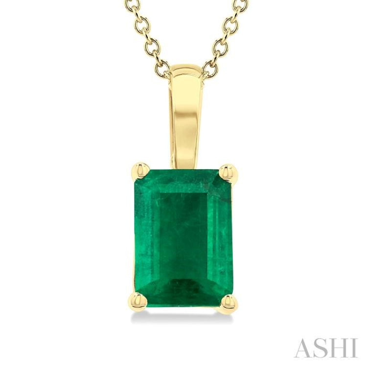 7X5MM Octagon Shape Emerald Precious Solitaire Pendant With Chain in 14K Yellow Gold