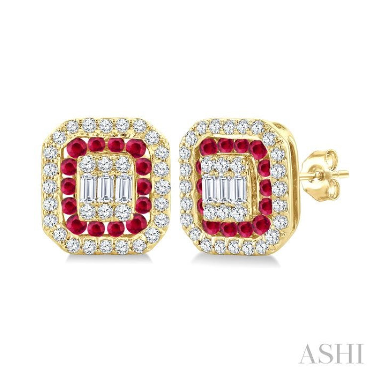 1/3 Ctw Octagonal Shape 1.25MM Round Cut Ruby, Baguette and Round Cut Diamond Fusion Precious Stud Earrings in 14K Yellow Gold