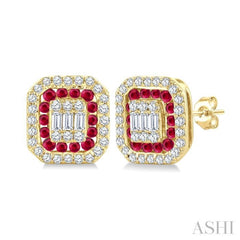 1/3 Ctw Octagonal Shape 1.25MM Round Cut Ruby, Baguette and Round Cut Diamond Fusion Precious Stud Earrings in 14K Yellow Gold