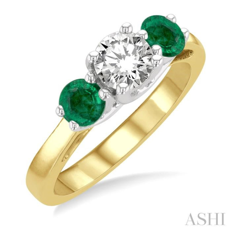 4.30 MM Round Shape Emerald and 5/8 Ctw Past Present and Future Round Cut Diamond Precious Ring in 14K Yellow and White Gold