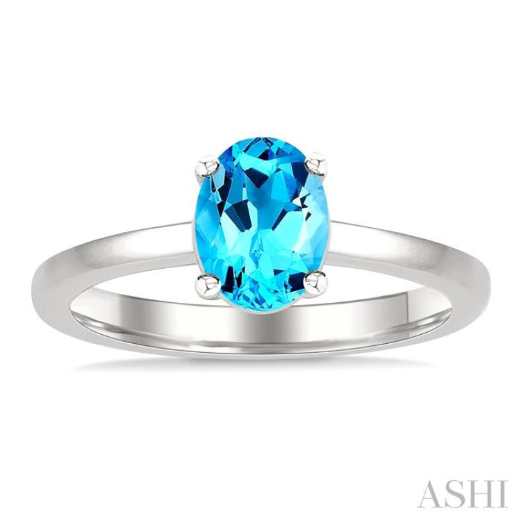 8X6 MM Oval Cut Blue Topaz Semi-Precious Solitaire Ring in 14K White Gold