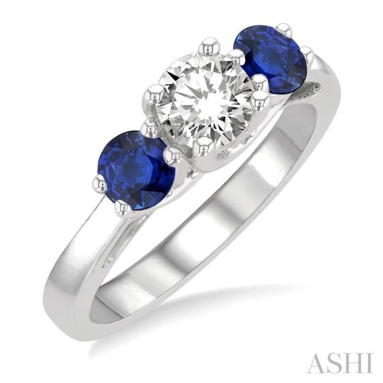 4.30 MM Round Shape Sapphire and 5/8 Ctw Past Present and Future Round Cut Diamond Precious Ring in 14K White Gold