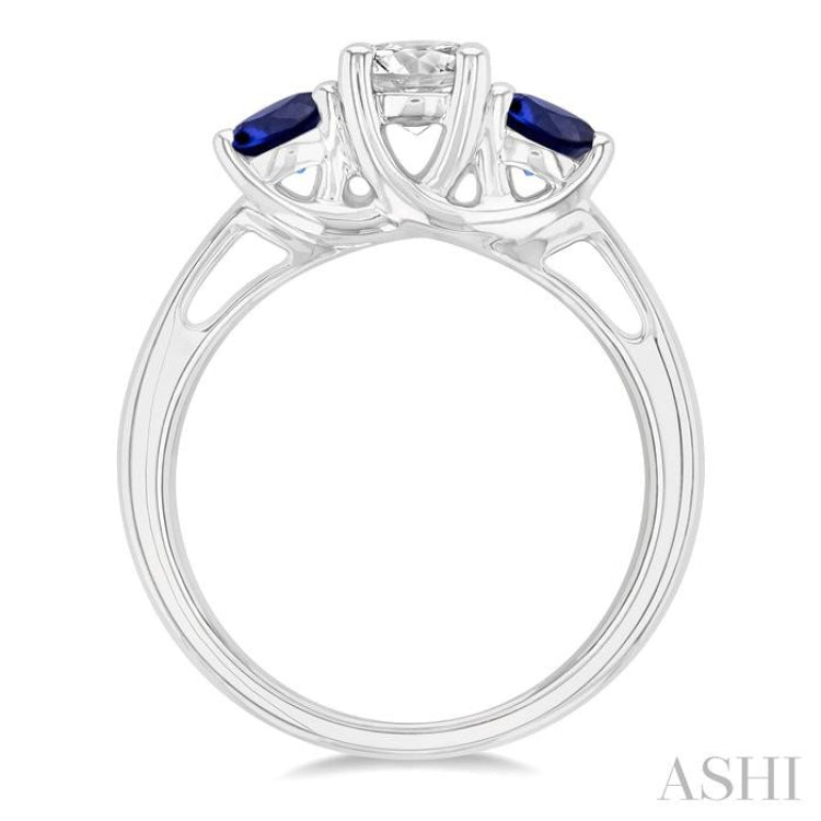 4.30 MM Round Shape Sapphire and 5/8 Ctw Past Present and Future Round Cut Diamond Precious Ring in 14K White Gold
