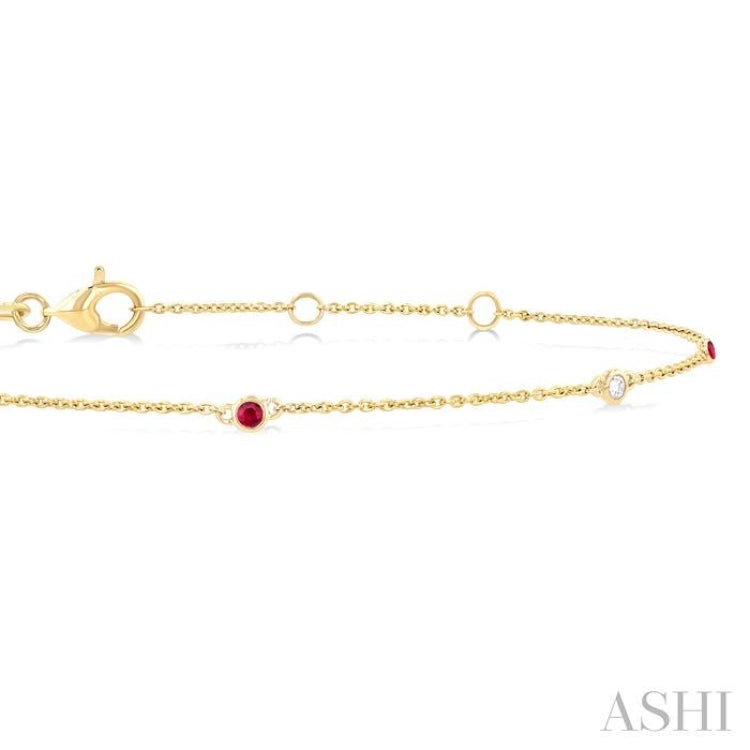 1.75 MM Ruby and 1/20 Ctw Round Cut Diamond Precious Station Bracelet in 14K Yellow Gold