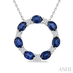 4x3 MM Oval Cut Sapphire and 1/4 Ctw Round Cut Diamond Circle Pendant With Chain in 14K White Gold