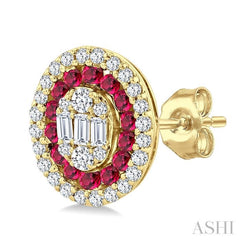 1/3 Ctw Oval Shape 1.35MM Ruby, Baguette and Round Cut Diamond Fusion Precious Fashion Stud Earrings in 14K Yellow Gold