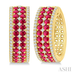 3/4 Ctw 2.00MM Round Cut Ruby and Round Cut Diamond Precious Hoop Earring in 14K Yellow Gold