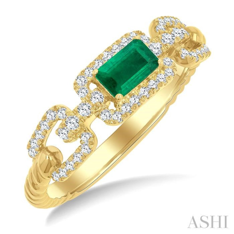 1/4 Ctw 5X3MM Octagon Shape Emerald and Round Cut Diamond Precious Rectangular Open Link Fashion Ring in 14K Yellow Gold
