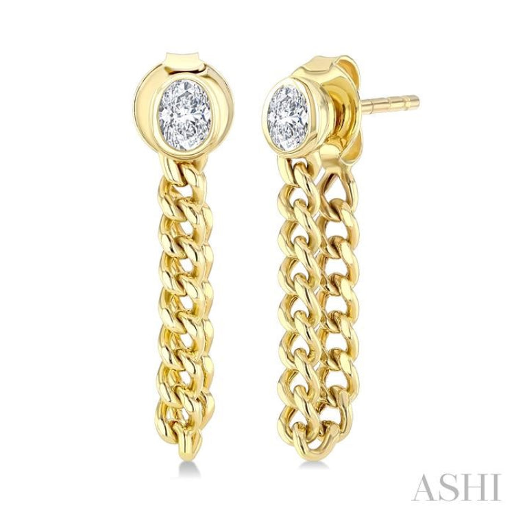 1/3 Ctw Bezel Set Oval Cut Diamond Curb Link Chain Dangler Fashion Earrings in 14K Yellow Gold