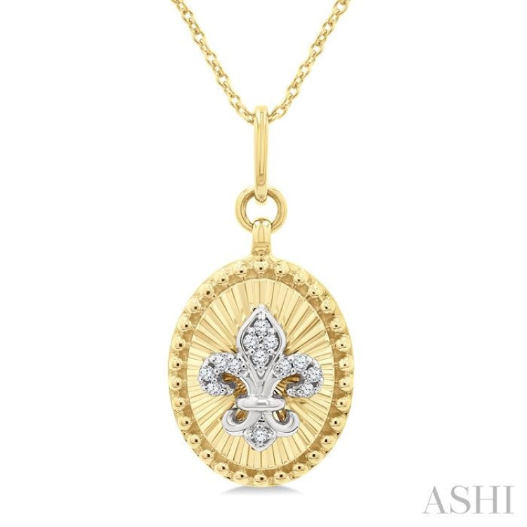 1/20 Ctw Fleur De Lis Motif Fluted Medallion Round Cut Diamond Pirouette Fashion Pendant With Chain in 10K Yellow and White Gold