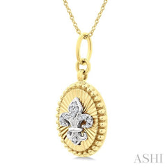 1/20 Ctw Fleur De Lis Motif Fluted Medallion Round Cut Diamond Pirouette Fashion Pendant With Chain in 10K Yellow and White Gold