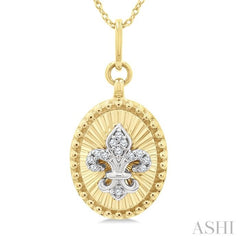 1/20 Ctw Fleur De Lis Motif Fluted Medallion Round Cut Diamond Pirouette Fashion Pendant With Chain in 10K Yellow and White Gold